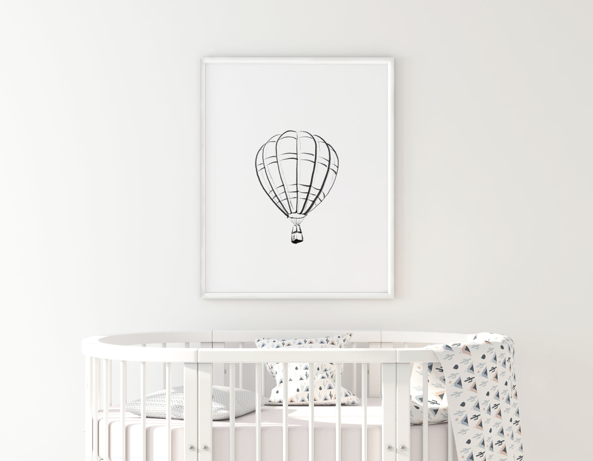 Hot air balloon nursery print, drawing, gender neutral baby room print ...