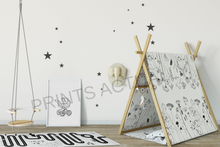 Load image into Gallery viewer, Children's room with a teepee, swing, and wall art featuring baby stroller and star designs.