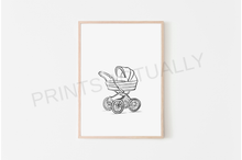 Load image into Gallery viewer, Framed black and white illustration of a baby stroller on a white background