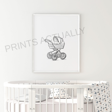 Load image into Gallery viewer, Framed black and white illustration of a baby carriage above a crib in a nursery.