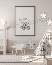 Load image into Gallery viewer, Framed black and white illustration of a pram in a child's room with toys and furniture.