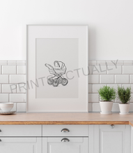Load image into Gallery viewer, Framed artwork of a baby stroller on a kitchen counter with a white tiled wall background.