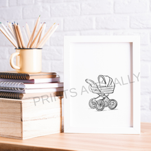 Load image into Gallery viewer, Framed illustration of a baby stroller on a desk with stationery items.