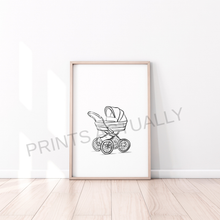 Load image into Gallery viewer, Framed artwork of a black and white baby stroller on a white wall.