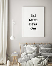 Load image into Gallery viewer, Jai Guru Deva Om print, spiritual prints, black and white mantra Ohm, meditation poster, yoga studio decor, Printable wall art, Sanskrit