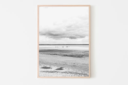 תמונה לקיר של שפל בחוף של מון-סן-מישל בצרפת בשחור לבן, פרינט להדפסה
