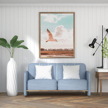 Load image into Gallery viewer, Flying bird wall Print, Printable Wall Art, white seagull, nature Photography, Neutral peach Decor, Landscape Poster, Gallery Wall, freedom