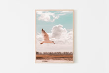 Load image into Gallery viewer, Flying bird wall Print, Printable Wall Art, white seagull, nature Photography, Neutral peach Decor, Landscape Poster, Gallery Wall, freedom