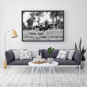 Cow print, printable wall art, black white farmhouse decor, standing cow, digital prints, boho poster, farm animals photography, horizontal