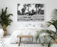Load image into Gallery viewer, Cow print, printable wall art, black white farmhouse decor, standing cow, digital prints, boho poster, farm animals photography, horizontal