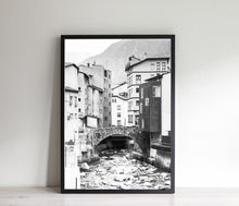 Load image into Gallery viewer, Black and white old buildings print, Andorra poster, printable wall art, river bridge print, digital wall prints, photography, home office decor
