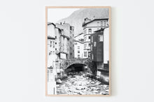 Load image into Gallery viewer, Black and white old buildings print, Andorra poster, printable wall art, river bridge print, digital wall prints, photography, home office decor