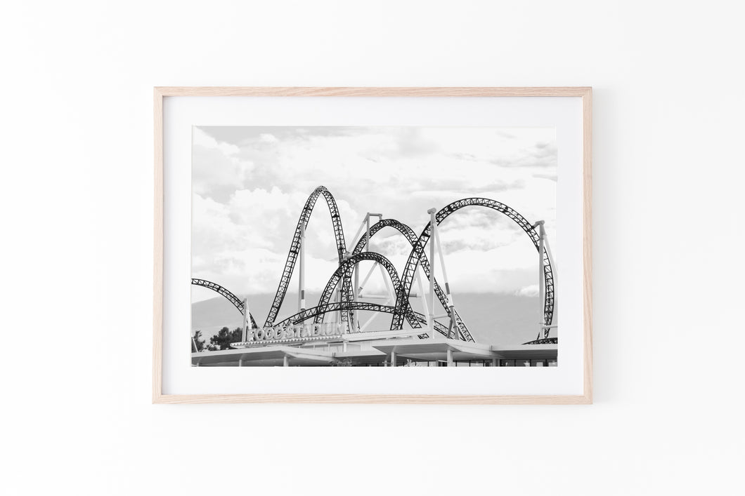 Roller coaster print, black and white printable wall art, Japan fuji Q, digital wall prints, roller coaster sky poster, amusement park photo