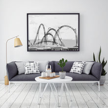 Load image into Gallery viewer, Roller coaster print, black and white printable wall art, Japan fuji Q, digital wall prints, roller coaster sky poster, amusement park photo