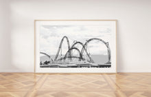 Load image into Gallery viewer, Roller coaster print, black and white printable wall art, Japan fuji Q, digital wall prints, roller coaster sky poster, amusement park photo