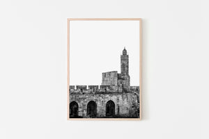 Jerusalem print, Tower of David wall art, black white Jerusalem Citadel, Israel landscape, wall decor, turret, historic landmark photography