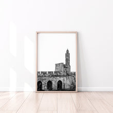 Load image into Gallery viewer, Jerusalem print, Tower of David wall art, black white Jerusalem Citadel, Israel landscape, wall decor, turret, historic landmark photography