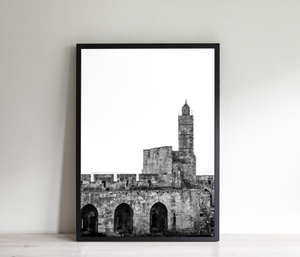 Jerusalem print, Tower of David wall art, black white Jerusalem Citadel, Israel landscape, wall decor, turret, historic landmark photography