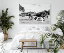 Load image into Gallery viewer, Cows print, printable wall art, black white farmhouse decor, cows meadow, digital prints, boho poster, farm animals photography, horizontal