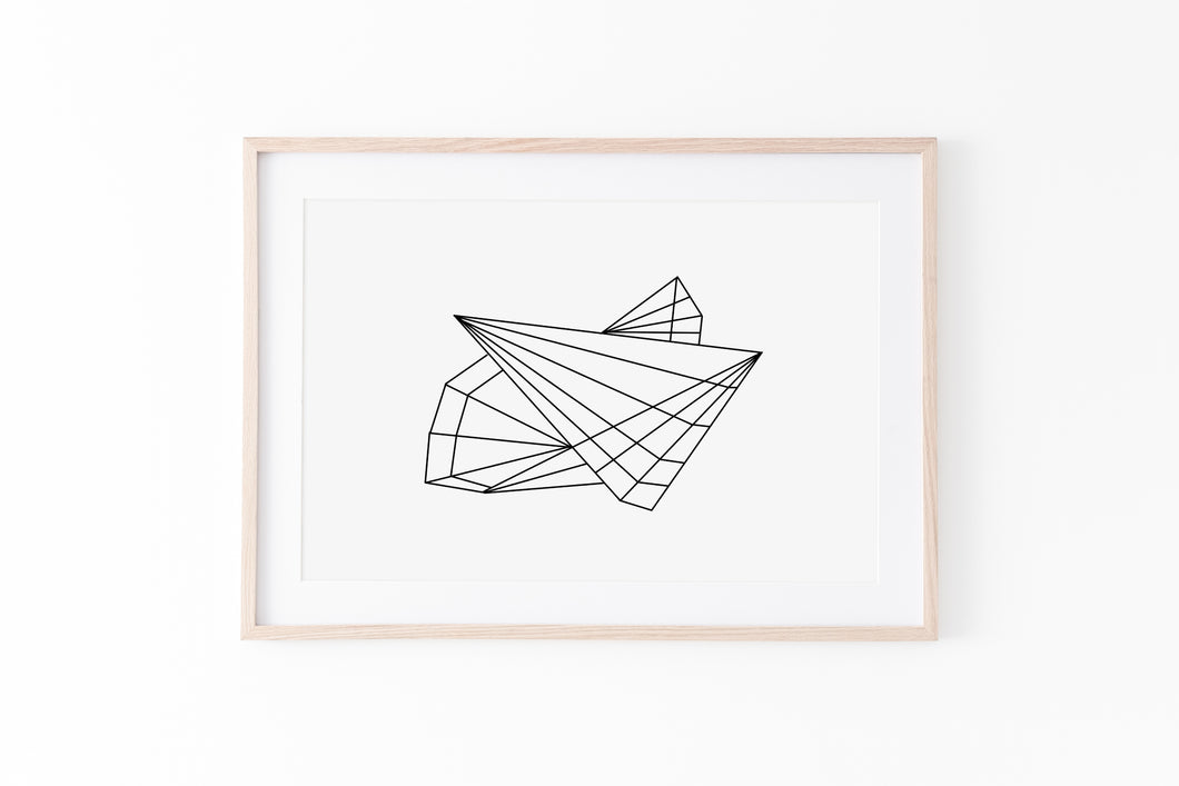Geometric wall art, abstract print, horizontal poster, 3D shapes, printable wall print, minimalist black white, modern art Polygonal Pyramid