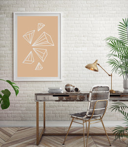 תמונה לקיר של ציור אבסטרקטי עם צורות גאומטריות על רקע חום, פרינט להדפסה
