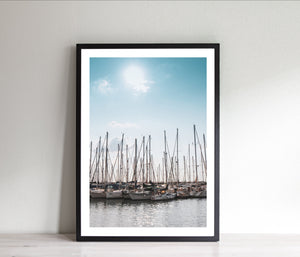 Sailboats harbor print, printable wall art, Israel landscape, blue sky sailing photography - prints-actually