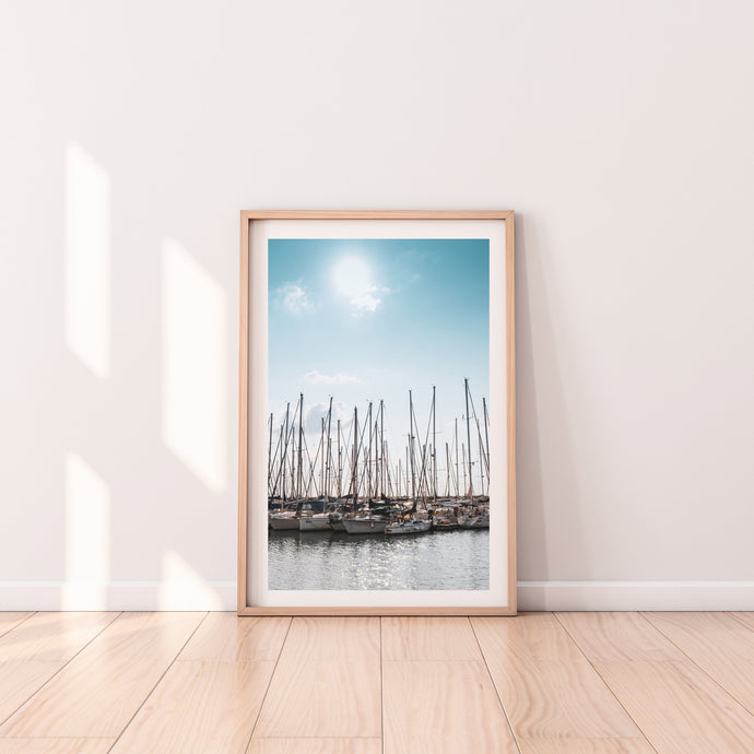Sailboats harbor print, printable wall art, Israel landscape, blue sky sailing photography - prints-actually