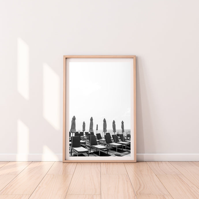 Pool chairs print, printable wall art, black white Tel Aviv landscape - prints-actually