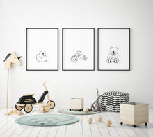 Load image into Gallery viewer, Set of 3 Nursery Wall Prints, Toys Wall Art, Black and White Duck Bike Teddy Bear - prints-actually