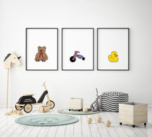 Load image into Gallery viewer, Set of 3 Nursery Wall Prints, Toys Print, Yellow Rubber Duck Bike Brown Teddy Bear - prints-actually