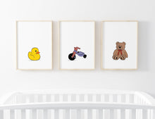 Load image into Gallery viewer, Set of 3 Nursery Wall Prints, Toys Print, Yellow Rubber Duck Bike Brown Teddy Bear - prints-actually