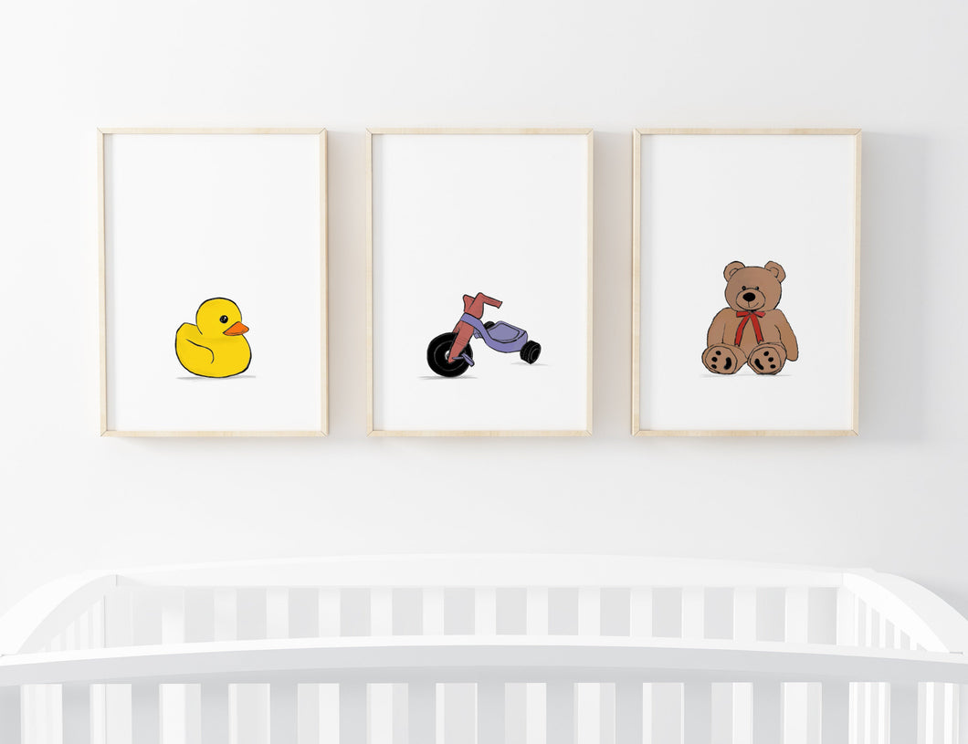 Set of 3 Nursery Wall Prints, Toys Print, Yellow Rubber Duck Bike Brown Teddy Bear - prints-actually