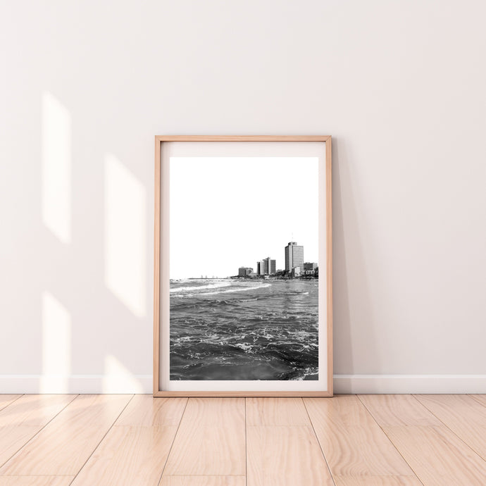 Tel Aviv skyline print, printable wall art, black and white Israel landscape, vertical - prints-actually