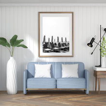 Load image into Gallery viewer, Pool chairs print, printable wall art, black white Tel Aviv landscape - prints-actually