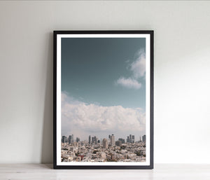 Skyline print, printable wall art clouds blue sky, Tel Aviv Israel landscape - prints-actually