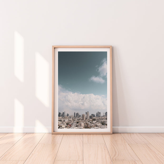Skyline print, printable wall art clouds blue sky, Tel Aviv Israel landscape - prints-actually