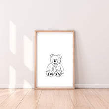 Load image into Gallery viewer, Set of 3 Nursery Wall Prints, Toys Wall Art, Black and White Duck Bike Teddy Bear - prints-actually