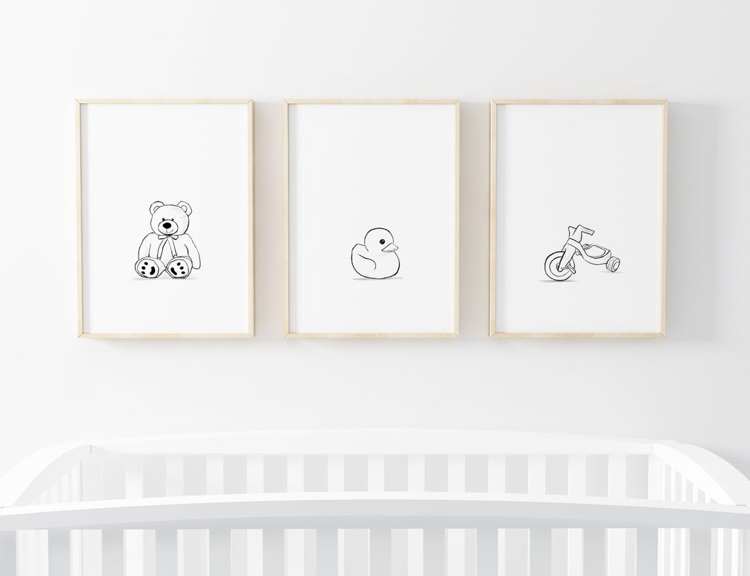 Set of 3 Nursery Wall Prints, Toys Wall Art, Black and White Duck Bike Teddy Bear - prints-actually