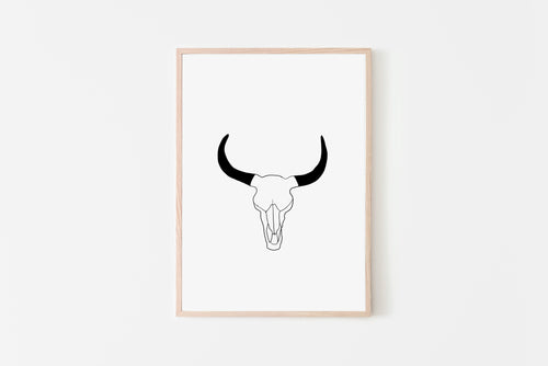 Bull skull print, bull head printable wall art, boho decor, black and white - prints-actually
