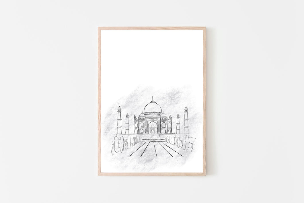 Taj Mahal print, printable wall art, minimalist print, black and white India - prints-actually