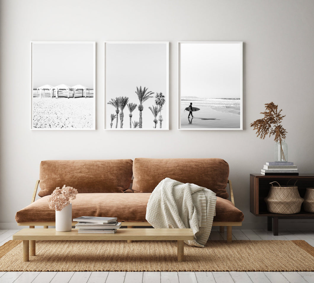 set of 3 beach prints, black and white print, printable wall art, palm trees coast - prints-actually