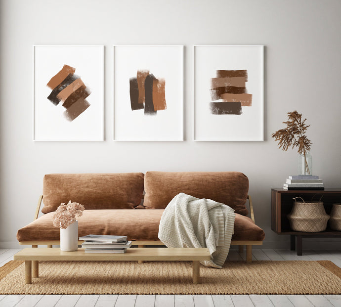 Set of 3 abstract prints, brown brush strokes print, printable modern wall art - prints-actually