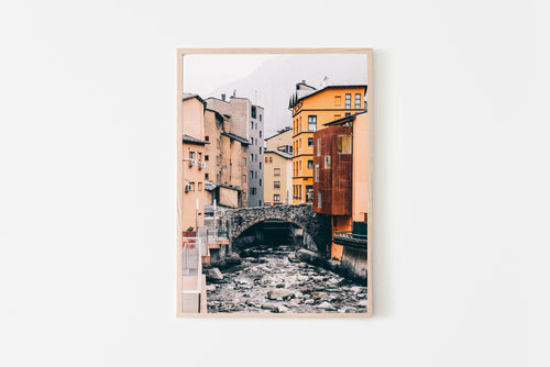 Old buildings print, Andorra poster, printable wall art, bridge on a river photography - prints-actually
