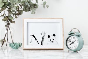 Animals print, nursery decor, black and white wall decor, panda, giraffe, penguin - prints-actually
