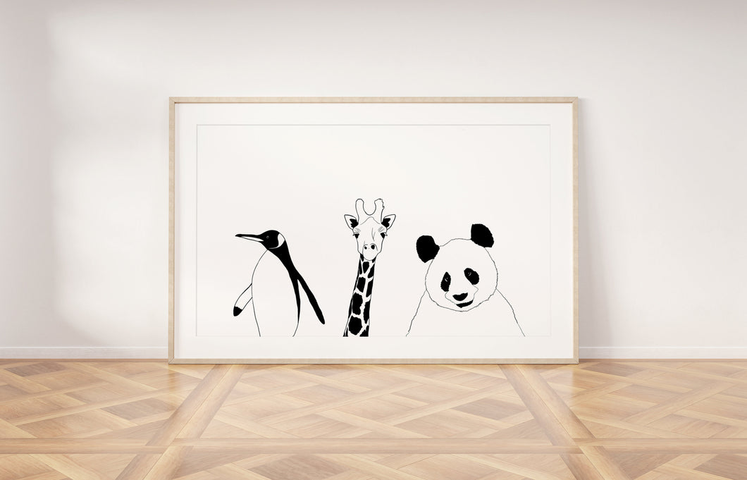 Animals print, nursery decor, black and white wall decor, panda, giraffe, penguin - prints-actually