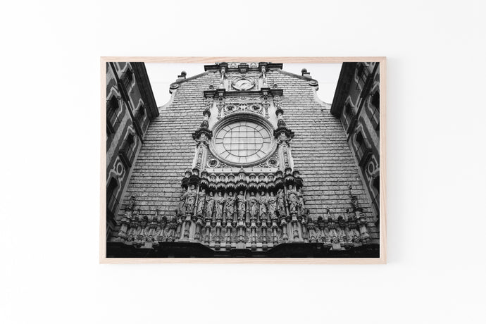 Montserrat Abbey print, wall art, clock poster, Black and white Spain photography - prints-actually