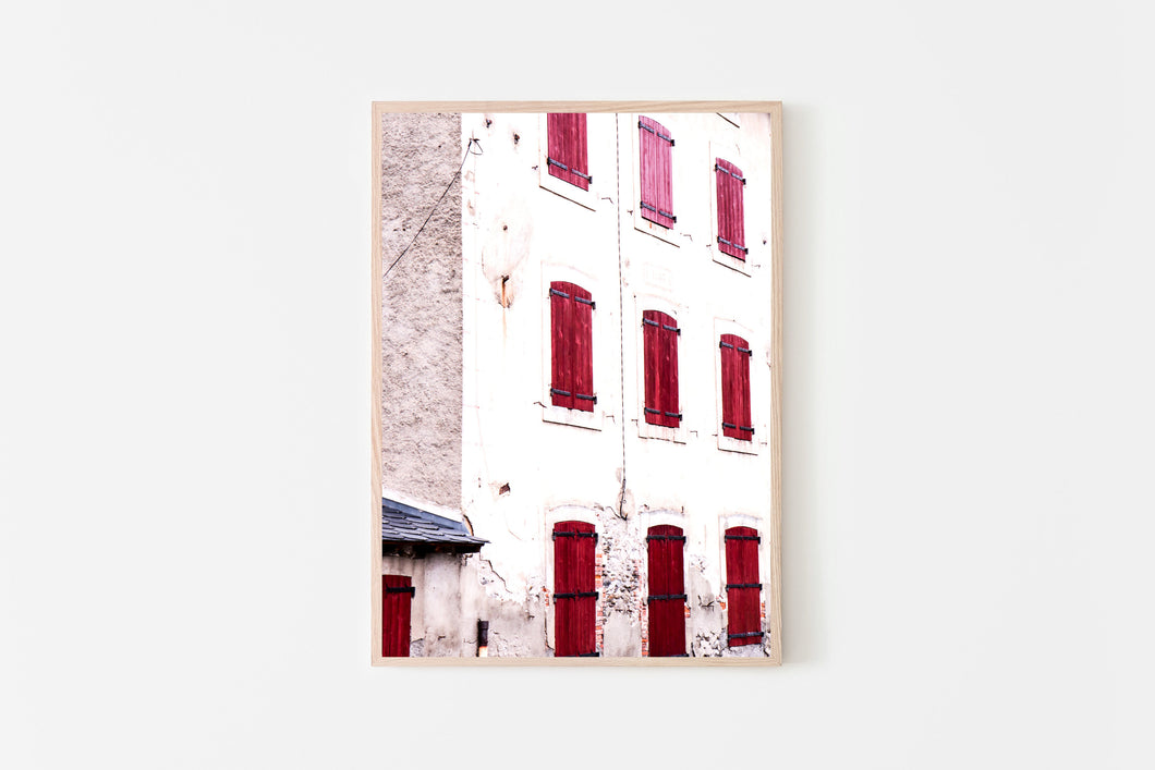 Red windows print, Spain poster, printable wall art, Catalonia streets, old house - prints-actually