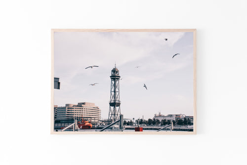 Barcelona Port Print, Lighthouse Seagulls Photography Printable Wall Art, Spain - prints-actually