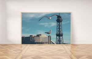 Barcelona skyline Print, Printable Wall Art, Seagulls Blue Sky Harbour - prints-actually