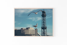 Load image into Gallery viewer, Barcelona skyline Print, Printable Wall Art, Seagulls Blue Sky Harbour - prints-actually